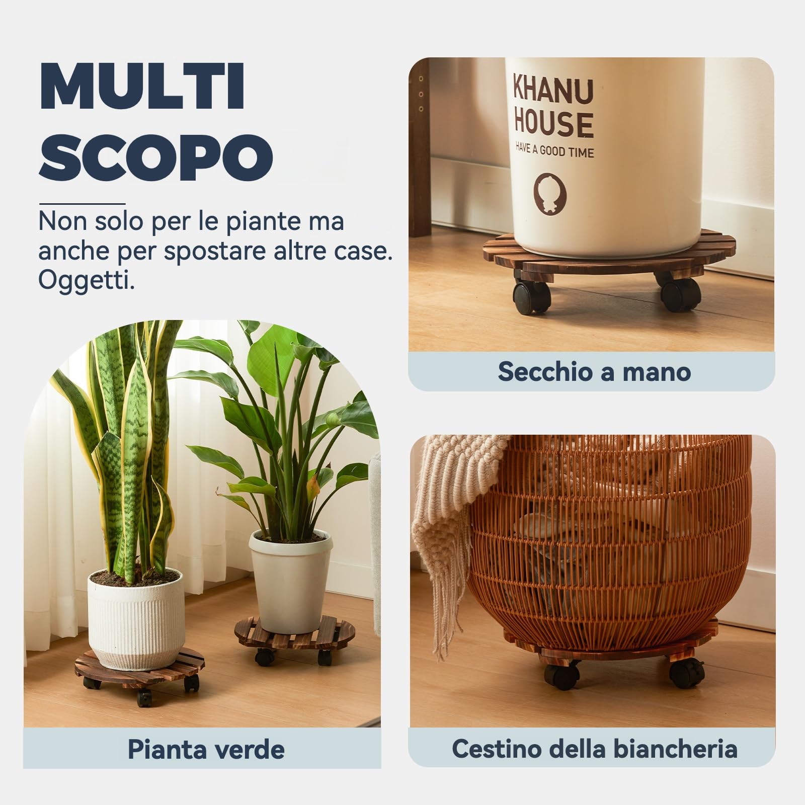 Bamworld Lot de 2 paniers à plantes en bois 35,6 cm avec roulettes – Chariot robuste 108,9 kg roues verrouillables 360°