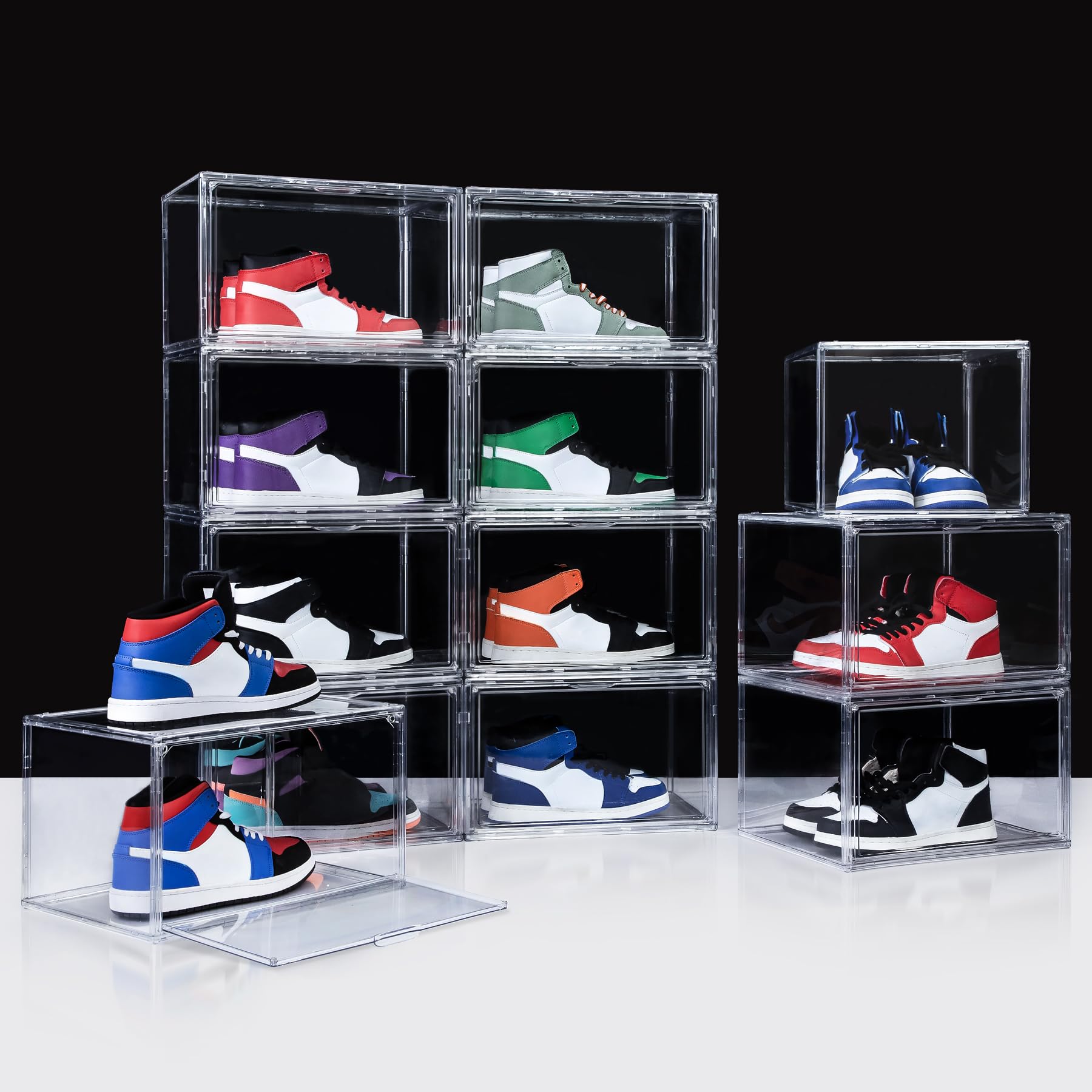 NYZE 12 Pack Acrylic Shoe Boxes Side Open, Clear Shoe Box Plastic Stackable, Shoe Storage Organizer with Magnetic Door, Shoe Display Shoe Containers