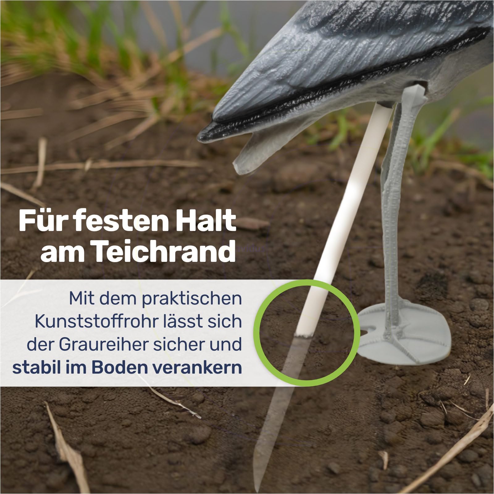 Gravidus Täuschend echte Fischreiher-Attrappe - Handbemalte Gartenfigur aus wetterfestem Kunststoff, Reiherschreck für Teich und Pool, 57 x 14 x 75 cm