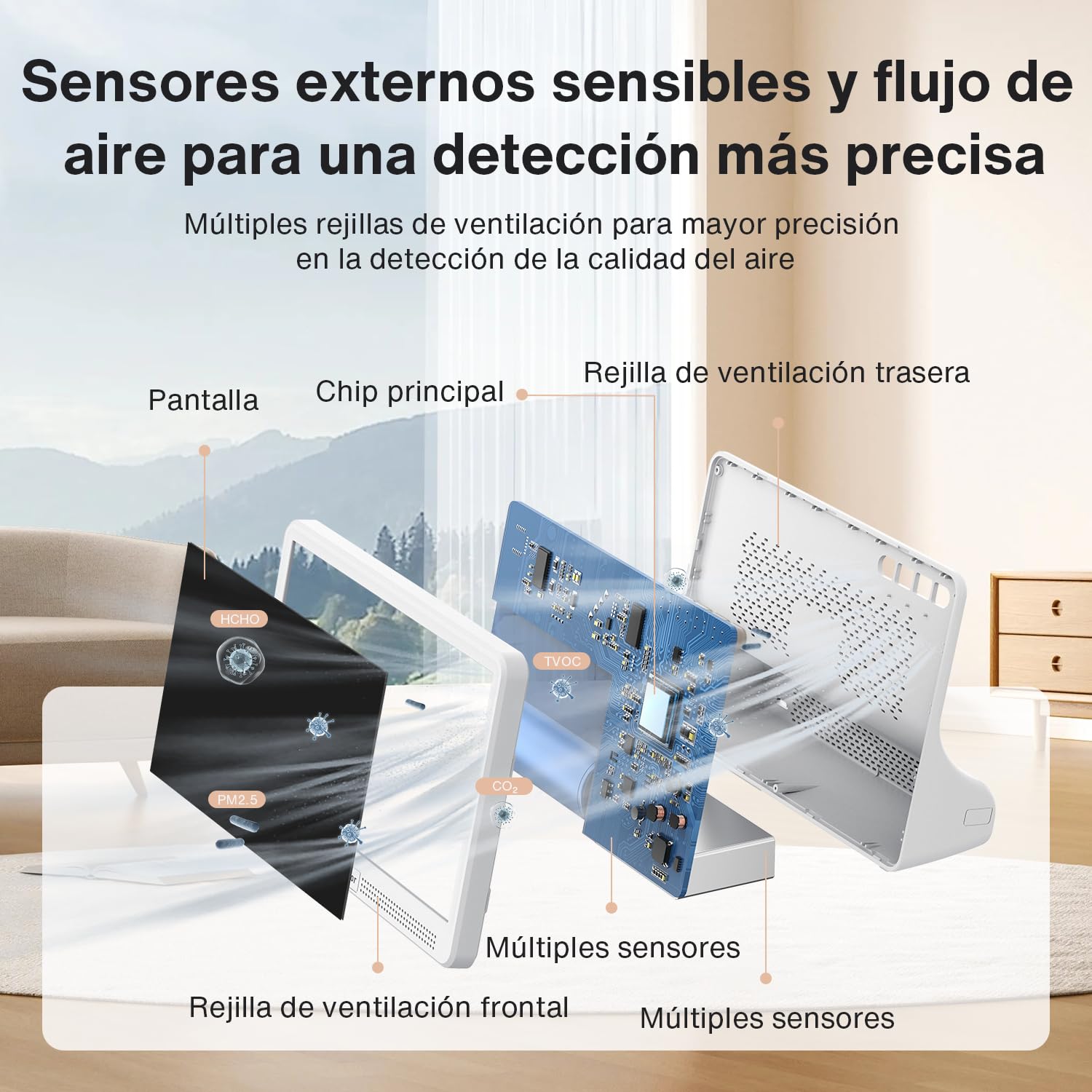 Moniteur de qualité d'air intérieur 16 en 1 avec écran 7", autonomie améliorée de 12 heures. Compteur professionnel pour CO₂, COV, PM2.5, PM1.0, PM10, HCHO, température, humidité, AQI et heure