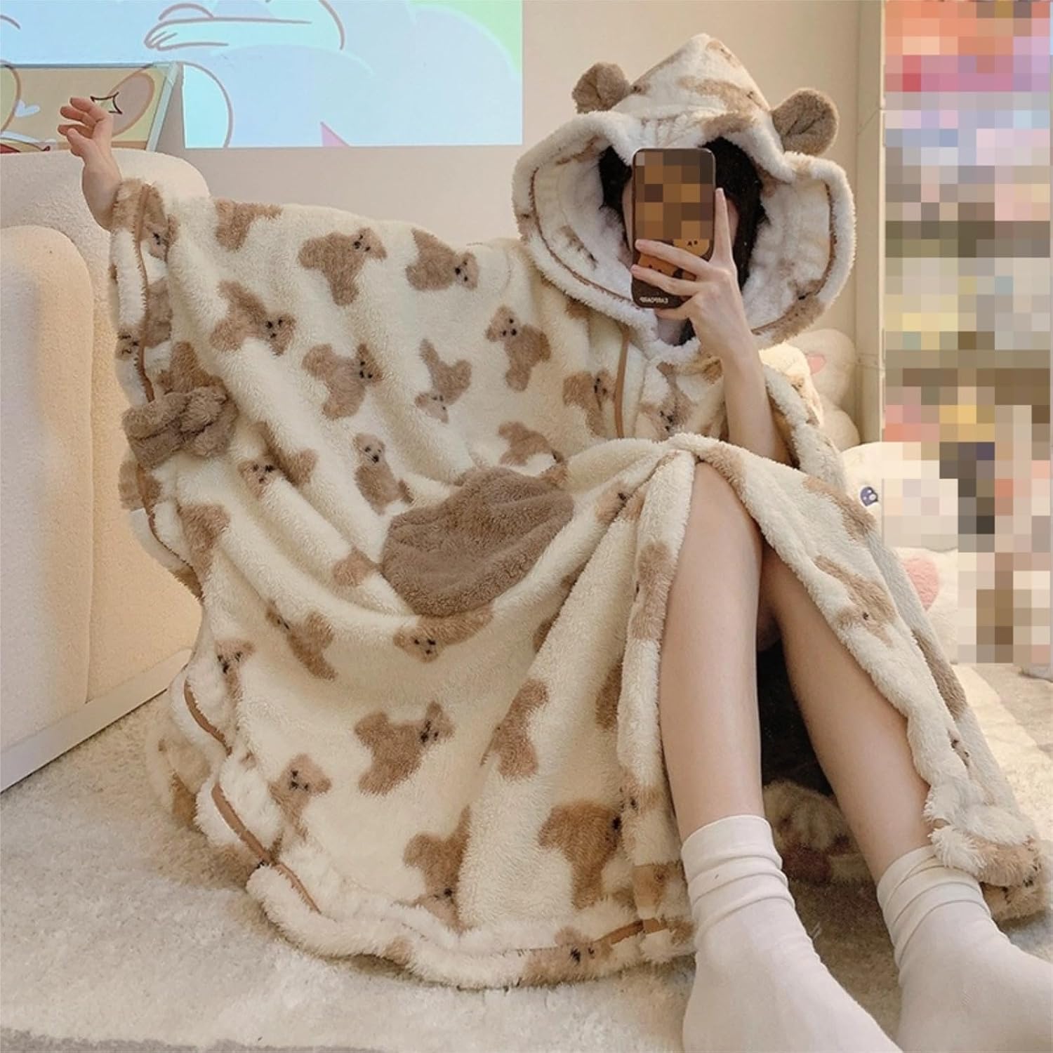 Cute Animal Print Hooded Robe Soft Cozy Sleepwear Warm Hooded Plush Loungewear