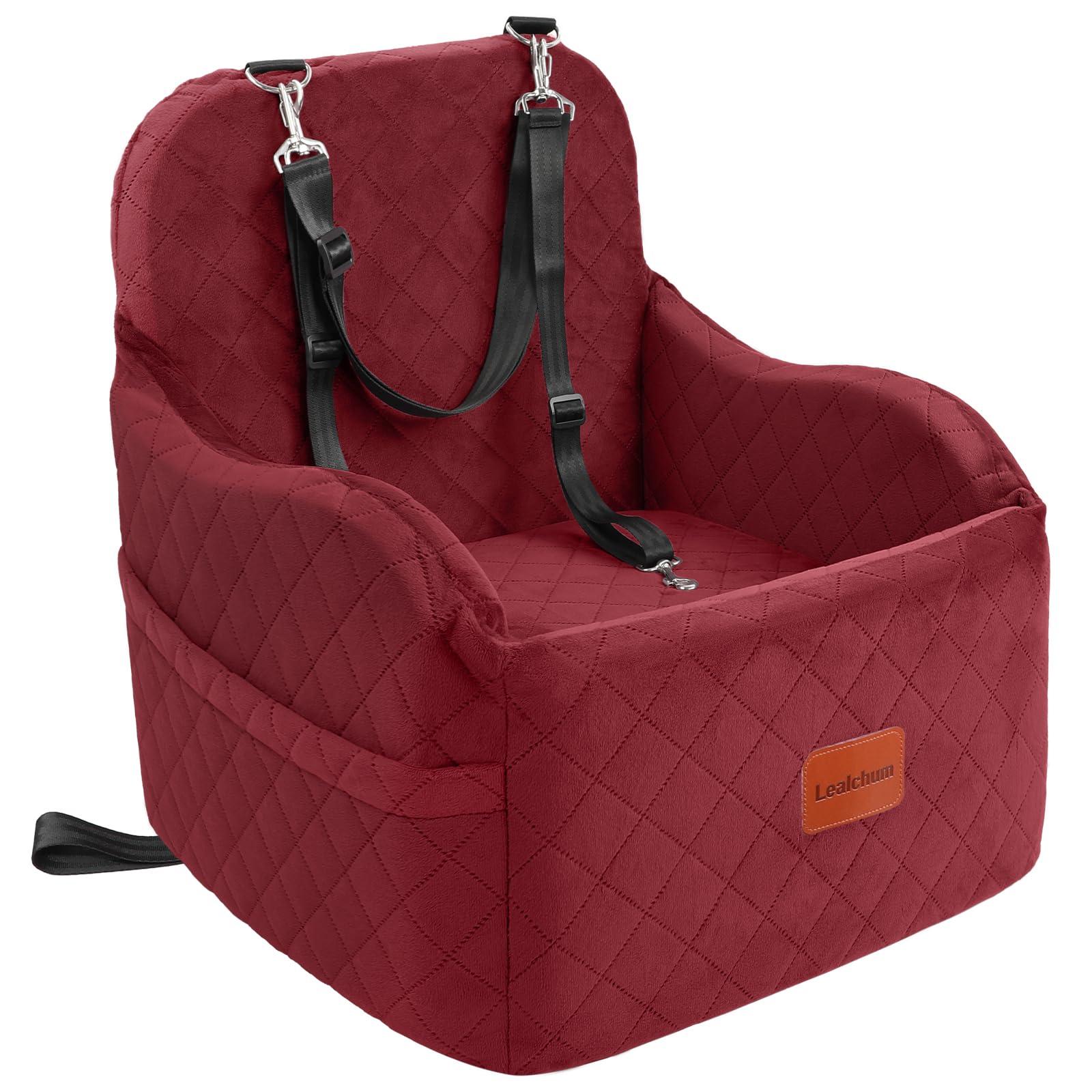 Lealchum Dog Booster Car Seat for Small Dogs,Puppy Portable Car Seat with Elevated Buttom,Fully Detachable and Washable Pet Cars Seat with Storage Pockets,Easy to Install (Red, Medium)