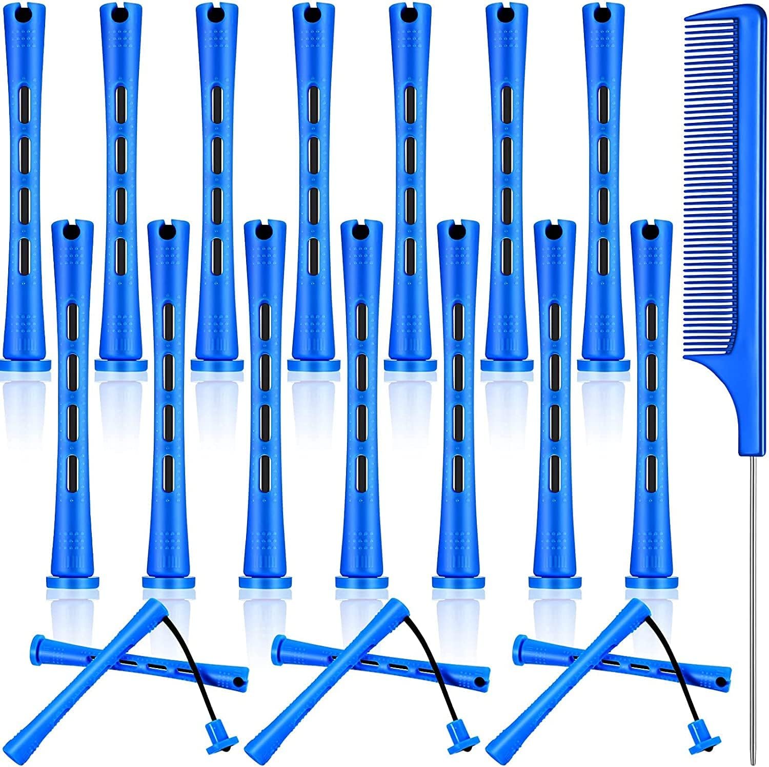 Blue Hair Perm Rods Set 21 Pieces, Include 20 Pieces Cold Wave Rods Plastic Perming Rods Curlers Hair Rollers and Steel Pintail Comb Rat Tail Comb for Hairdressing Styling Tools, Blue, 0.35 inch/ 0.9