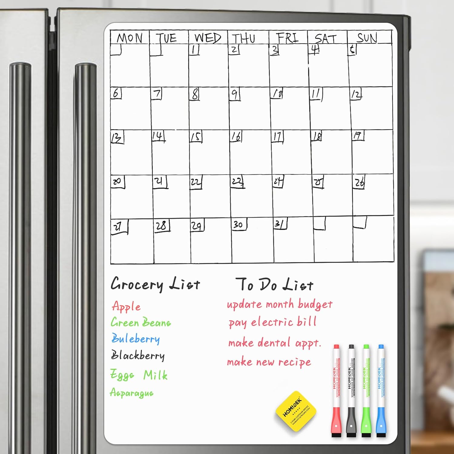 HOMiDEK Magnetic Whiteboard for Fridge, Small Refrigerator Magnet Dry Erase Board with 4 Markers & 1 Eraser, Reusable Blank White Board Sheet for Home, Office, School, Classroom Supplies - 17.5 x 25
