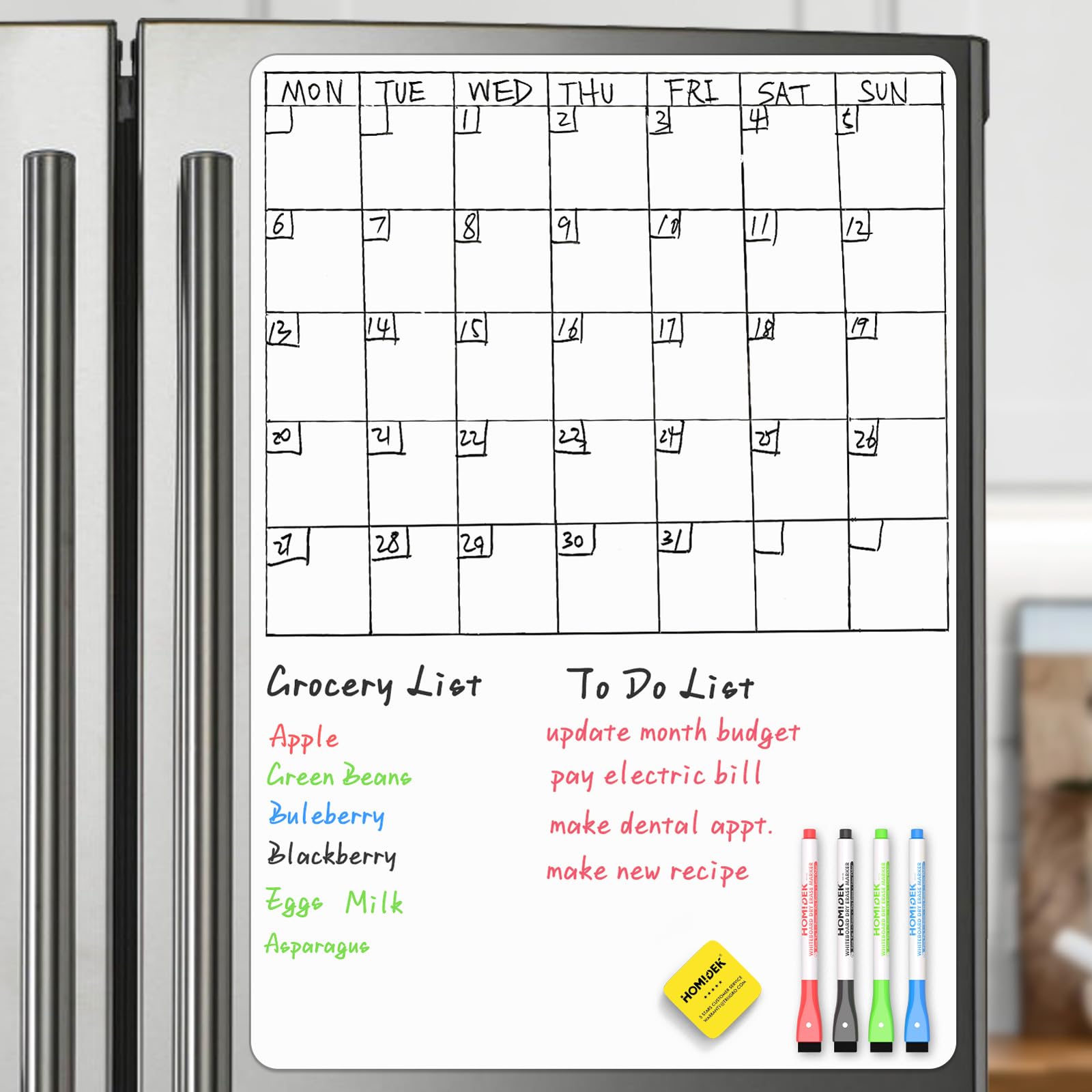 HOMiDEK Magnetic Whiteboard for Fridge, Small Refrigerator Magnet Dry Erase Board with 4 Markers & 1 Eraser, Reusable Blank White Board Sheet for Home