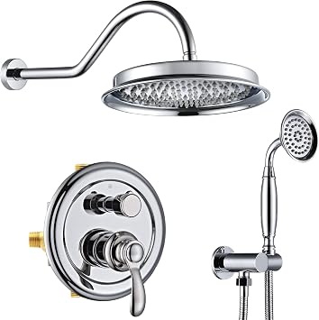 Antique Shower Faucet-Sets Complete 9 inch Rain Shower System Wall Mounted Rainfall Head and Handheld Spray, Pressure Balance Brass Valve with Trim Kit, Chrome