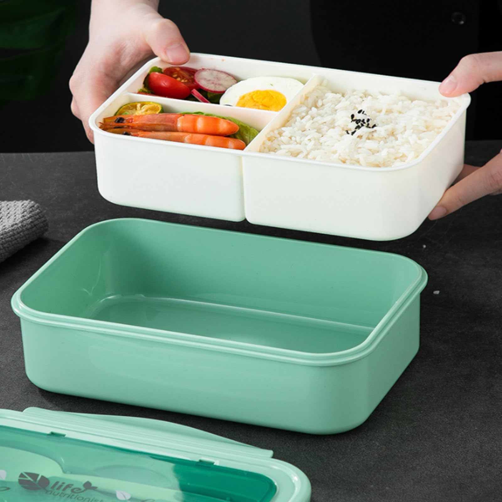 Bento Box Lunchbox Mit 3 Fächern – 1000 Ml, Mikrowellen- & Spülmaschinenfest, Inkl. Besteck, Für Erwachsene