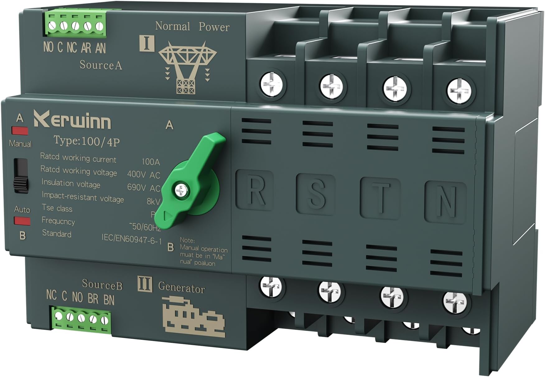 Mini ATS Automatic Transfer Switch 100 amp Manual Power Transfer Switch 220V Dual Power Electrical Selector Switches DIN Rail Mount (4P)