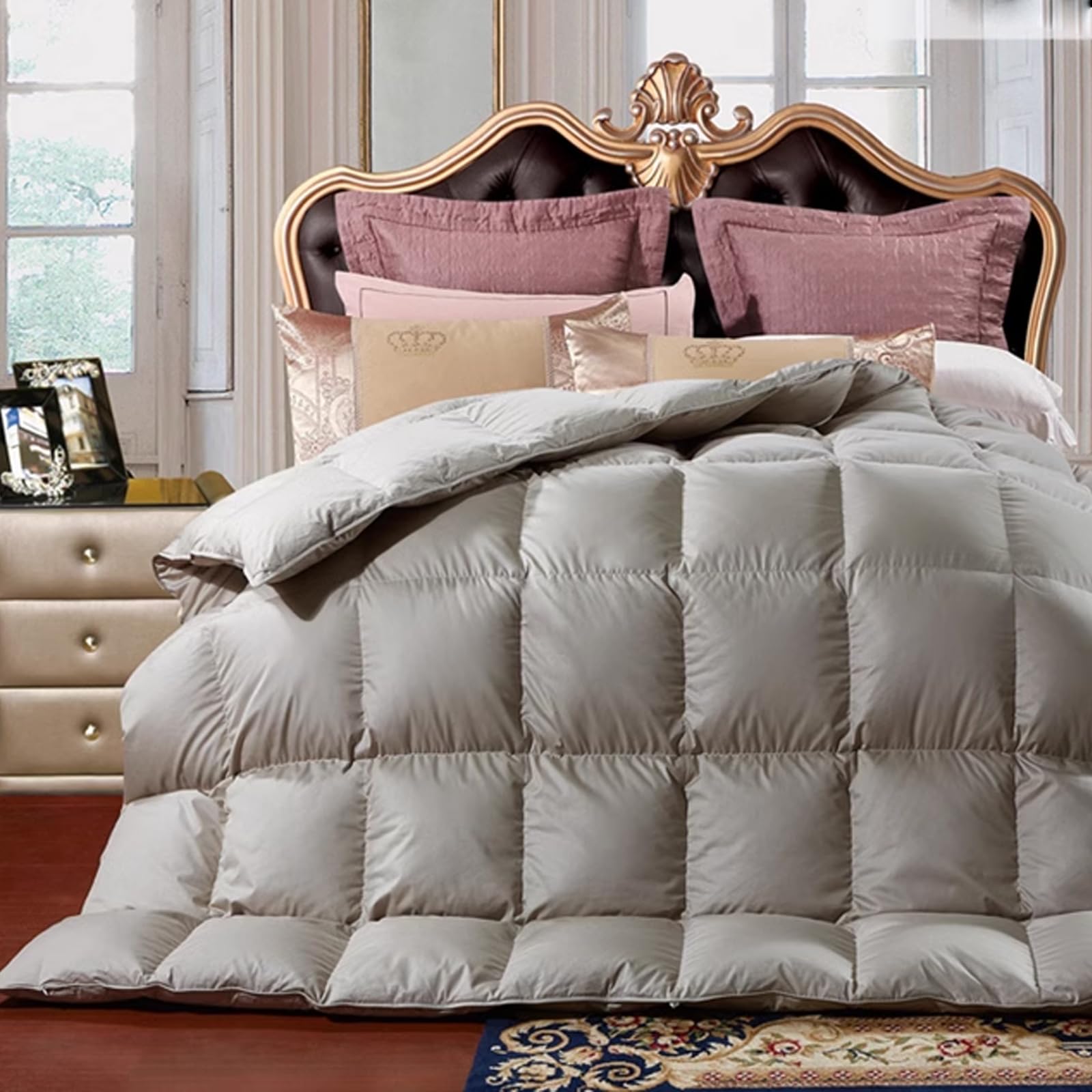 FfiMe Luxurious Goose Feathers Down Comforter,Grey Thickened Heavyweight Warmth Duvet Insert Cotton Cover with Corner Tabs (Grey, King Winter),87 * 94 inches (5kg) (White)