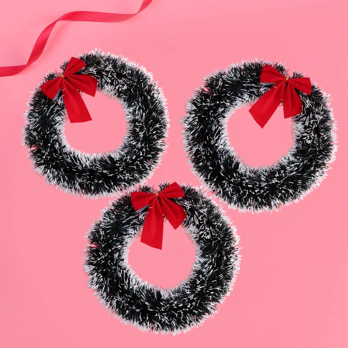 32cm Christmas Wreath for Front Door with Red Bow Colored Green White Wreath Christmas Home Decorations- Pack of 3pcs