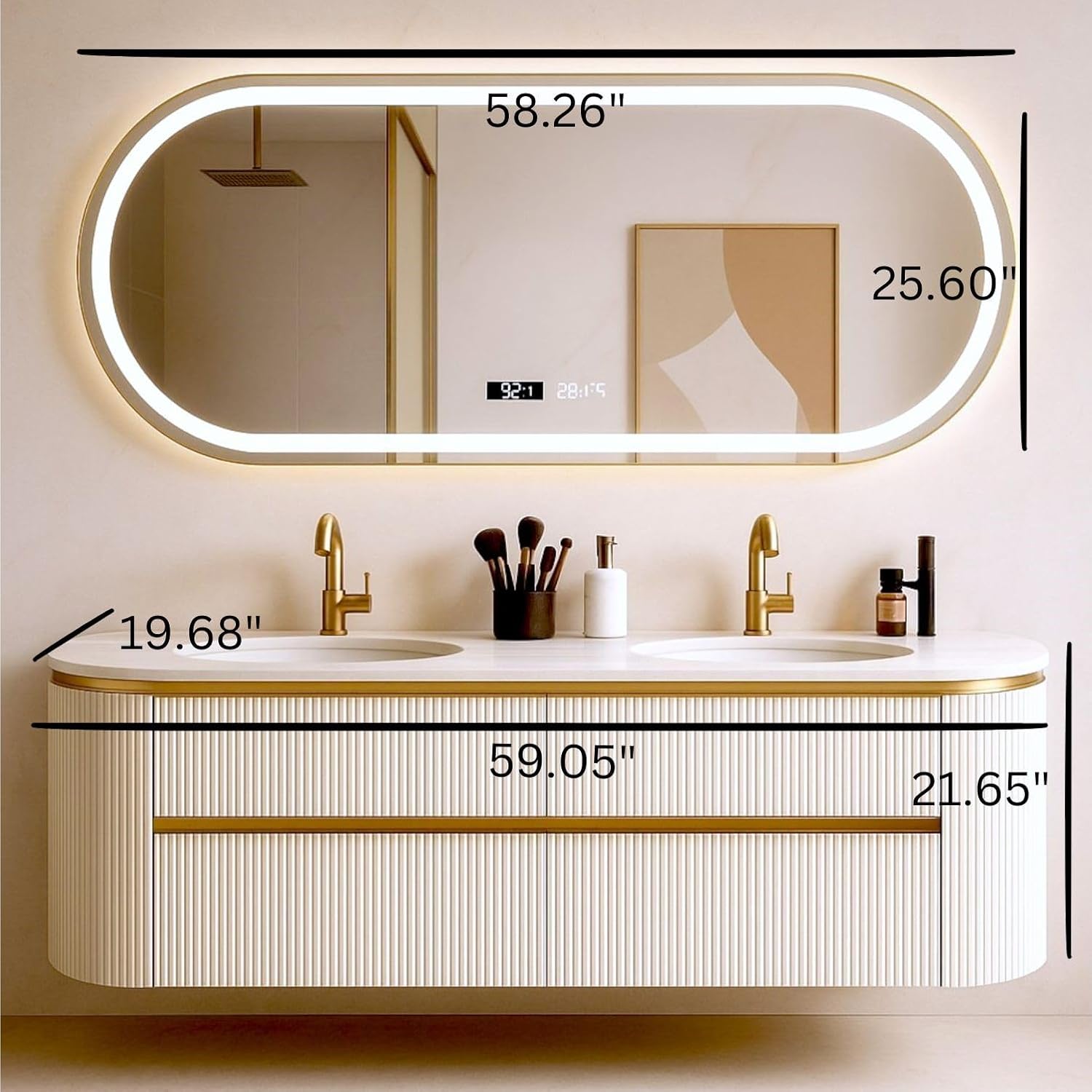 ESSENCIA 60 Floating Bathroom Vanity with LED Smart Mirror, Heavy Duty Sintered Stone countertop, Double Ceramic Sinks, Wood Cabinet, Ravena (White)