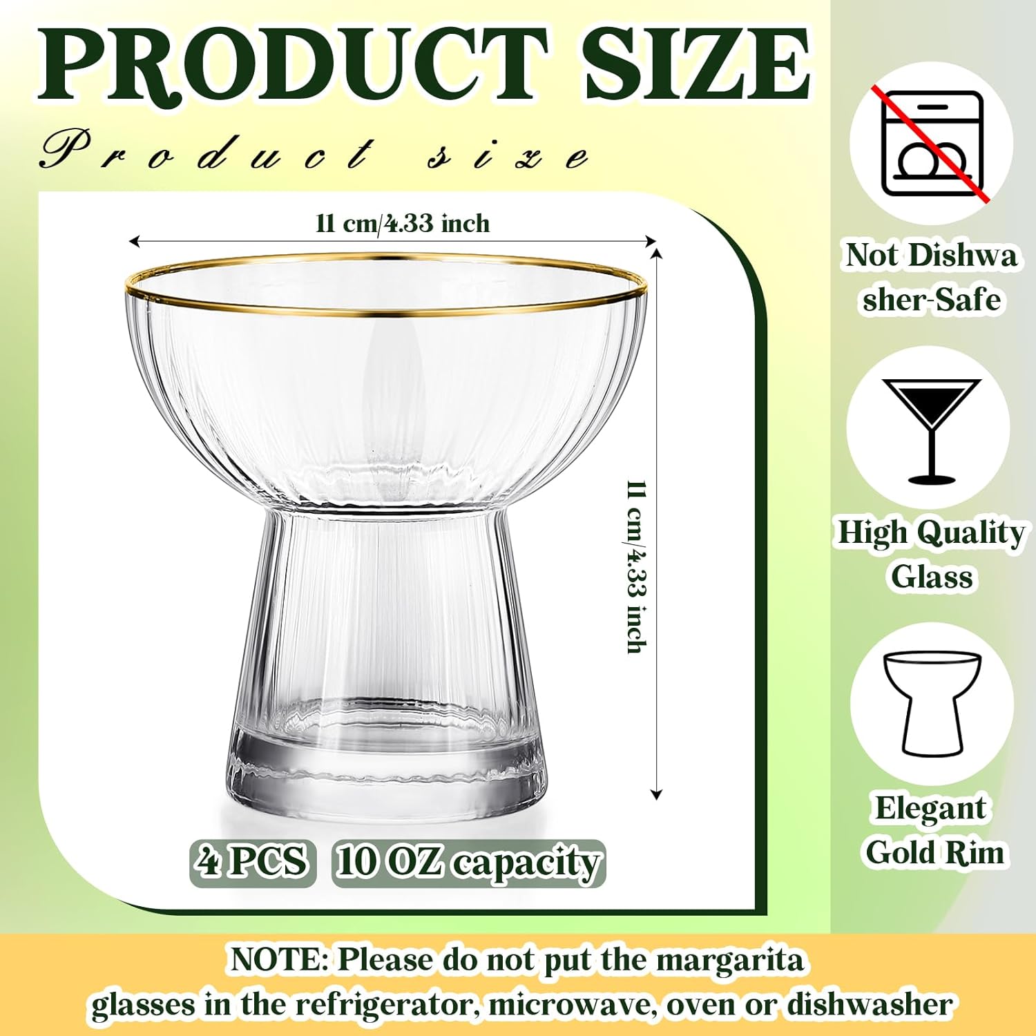 Lallisa Stemless Margarita Glasses Set of 4 Martini Champagne Glasses with Gold Rim Elegant Cocktail Glasses Ribbed Design Hand Glassware Thick Solid Clear Glass for Martini Wine Beer Drink, 10 oz
