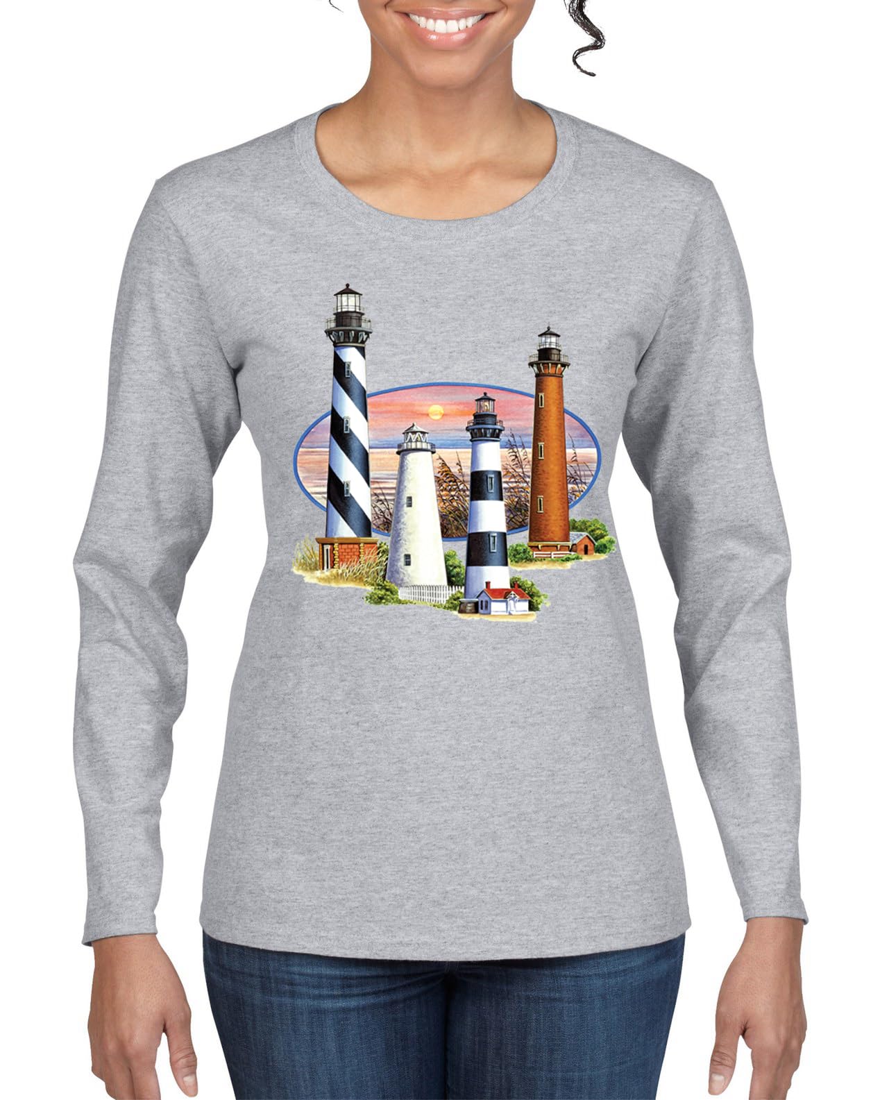 Sunset Lighthouses Collector Vintage Womens Graphic Long Sleeve T-Shirt