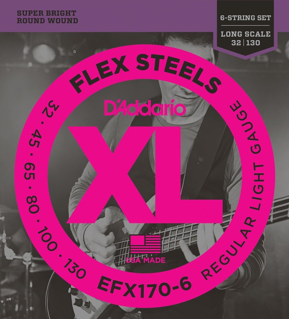 D'Addario EFX170-6 6-String FlexSteels Bass Guitar Strings, Light, 32-130, Long Scale