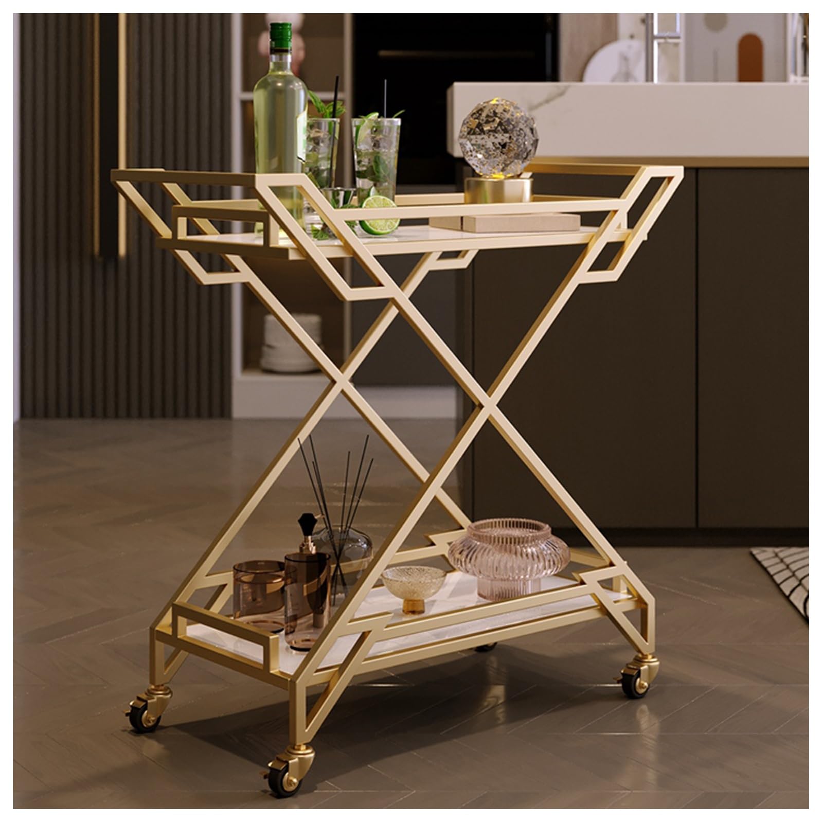 Chariots alimentaires en forme de X avec panneaux en marbre, cadre en fer émaillé cuit à haute température, poignées pratiques et garde-corps surélevés – Parfait pour la restauration et l'hôtellerie