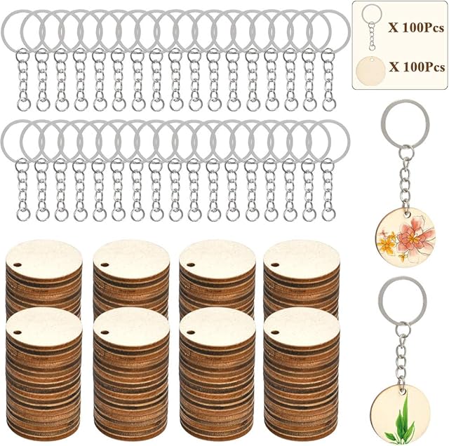 FOCCTS 100Pcs of Natural Wood Slices, Unfinished Predrilled Log Discs Wooden Circles with 100Pcs Key Rings Combination Set, Perfect for DIY Christmas Decorations Ornaments
