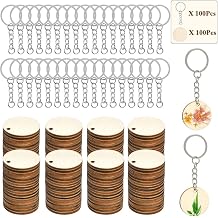 100Pcs of Natural Wood Slices, Unfinished Predrilled Log Discs Wooden Circles with 100Pcs Key Rings Combination Set, Ideal for DIY Christmas Decorations Ornaments