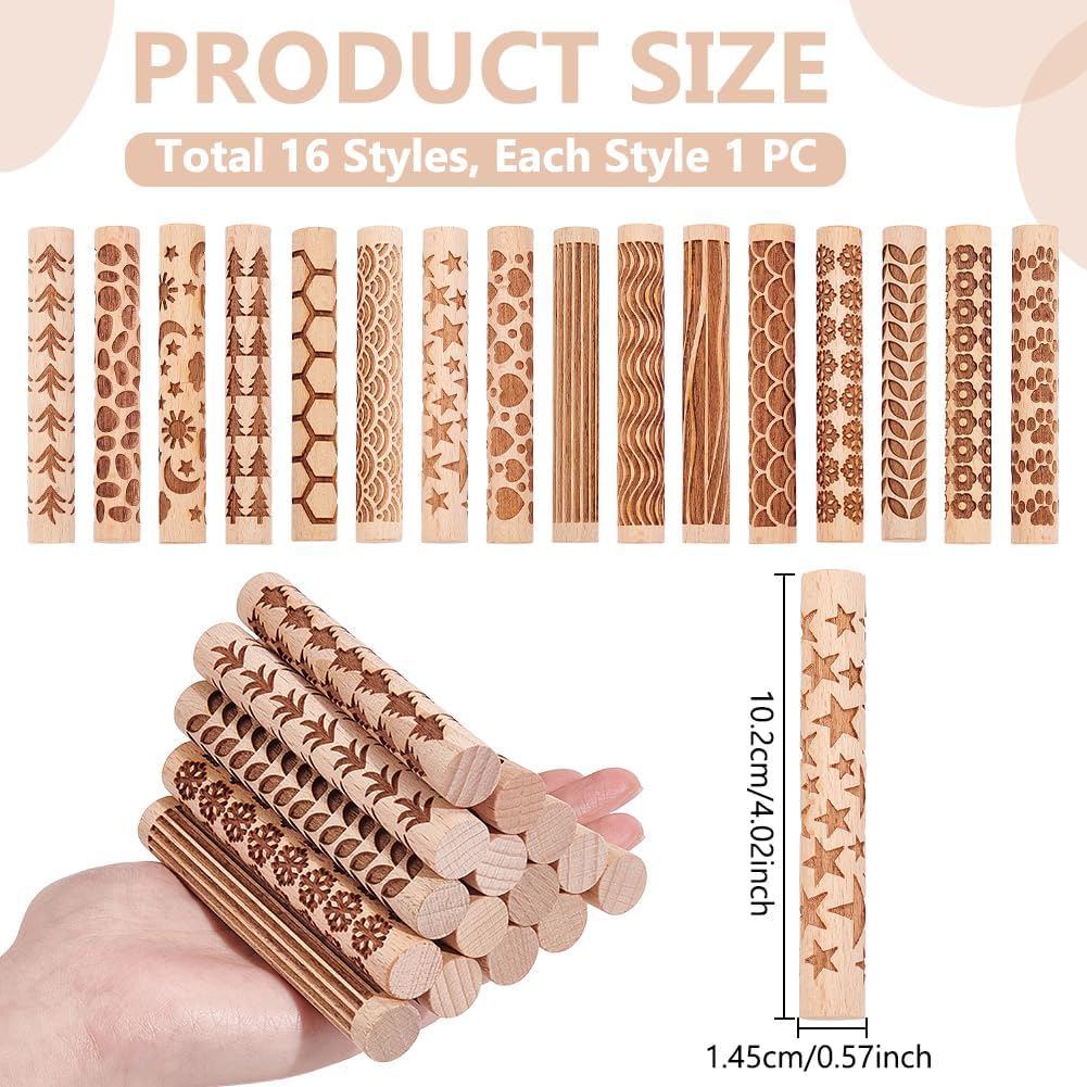UNICRAFTALE 16Pcs 16 Styles Wooden Clay Texture Rollers Set for Pottery Ceramics Potters Stamp Roller Tools Modeling Pattern Rollers Kit 10.2cm Textured Rolling Pins for DIY Handmade Art Supplies