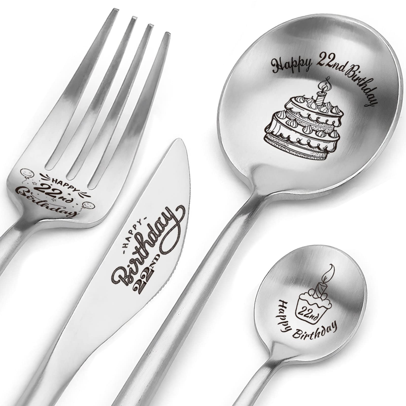 Happy 22nd Birthday Spoon&Fork Gifts Engraved Cutlery Set Personalized Birthday Gifts for Son Daughter Sister Brother Friends