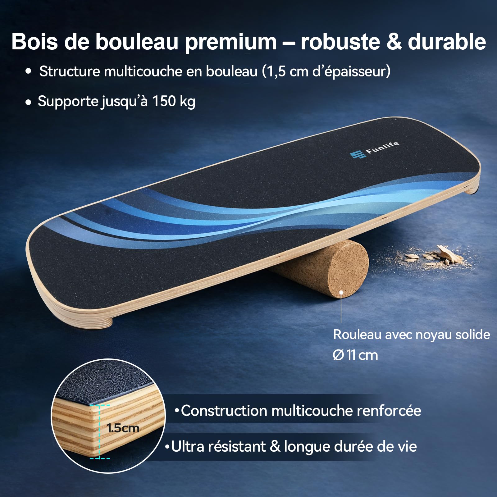 FunLife Planche d'équilibre en bois – Entraînement de base, fitness et stabilité