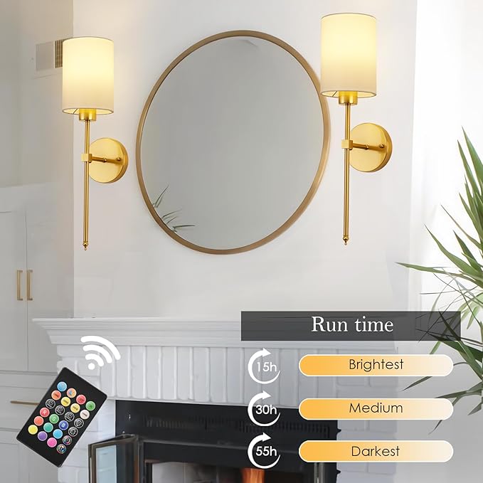KARTOOSH Battery Operated Wall Sconces Set of Two,Wireless Rechargeable Wall Light With Remote Control, Dimmable, Amber Light/Warm White/Natural White/Daylight/RGB, Timer,for Living Room,Bedroom,Entryway,Gold photo 6
