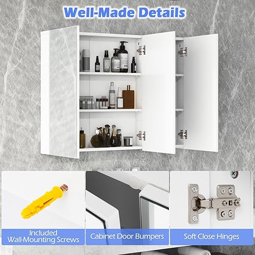 Miniatura 6 de Tangkula gabinete tipo botiquín con 3 puertas para pared de baño, 36 pulgadas de ancho