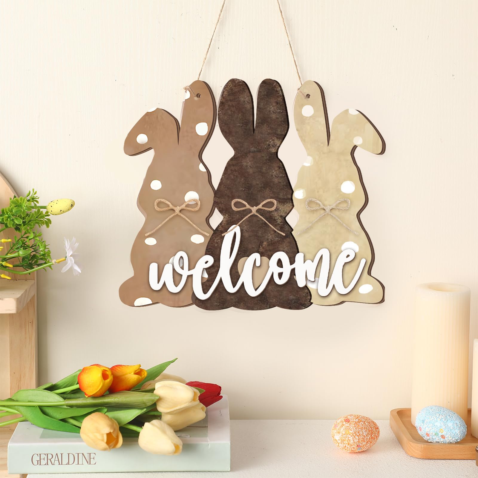 Decoración de puerta de Pascua, decoración de conejo, decoración de letrero de pared de feliz Pascua, corona colgante de puerta de madera con lazo para suministros de fiesta en el hogar