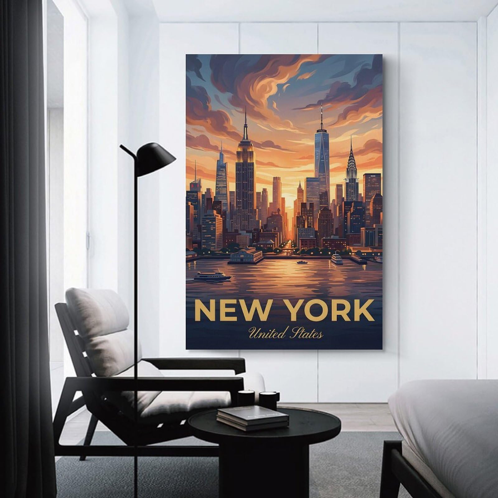 Junmoney New York City Skyline at Sunset(2) Room Decor Wall Art 20x30inch(50x75cm), for Entrance Spaces, Stair Walls Or Halls, A Neat Decor Update for Hallways