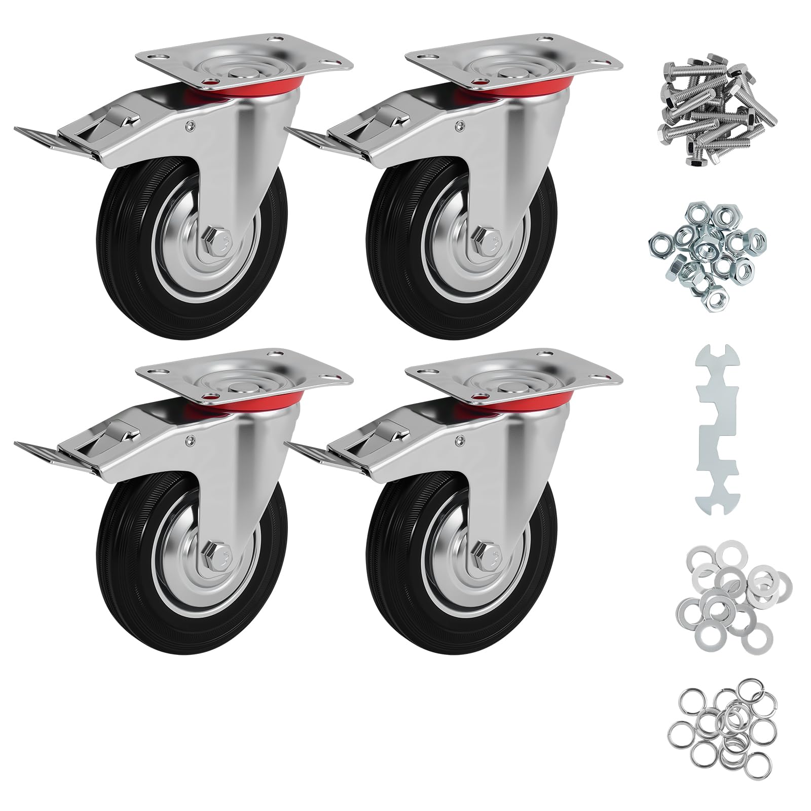 3-Zoll-Lenkrollen, 4er-Set, Schwerlastrollen mit Bremse, Gummirollen mit Feststellbremse für Wagen, Werkbank, Schwarz (3" 4er-Pack mit Bremse, 4)