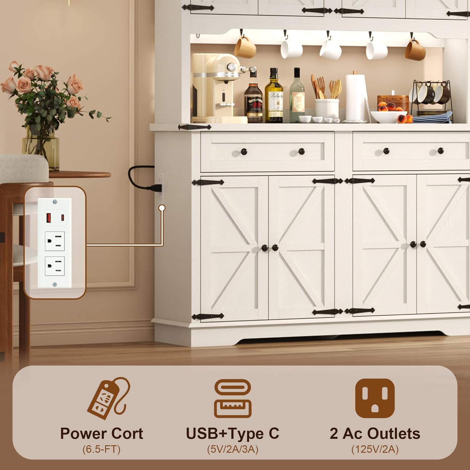 71" Tall Large Pantry Storage Cabinet w/Power Outlet,55" Wide Farmhouse Kitchen Hutch Storage Cabinet w/Barn Doors,2 Drawer,Large Countertop,LED Light,Rustic Coffee Bar,6 Hooks,8 Doors Shelves,White