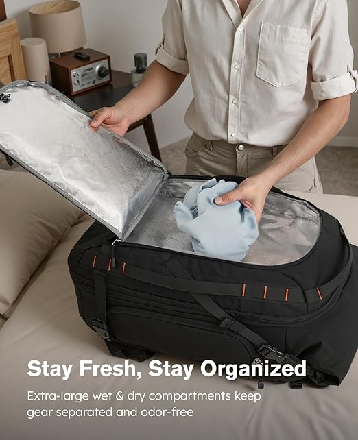 Tolaccea Reisrugzak, handbagage, vliegtuig, 40 - 50 liter, groot, TSA-vriendelijke reisrugzak voor 15,6 inch laptopvak, reisrugzakken voor heren en dames, weekendtrip, wandelen, kamperen, lichtkaki