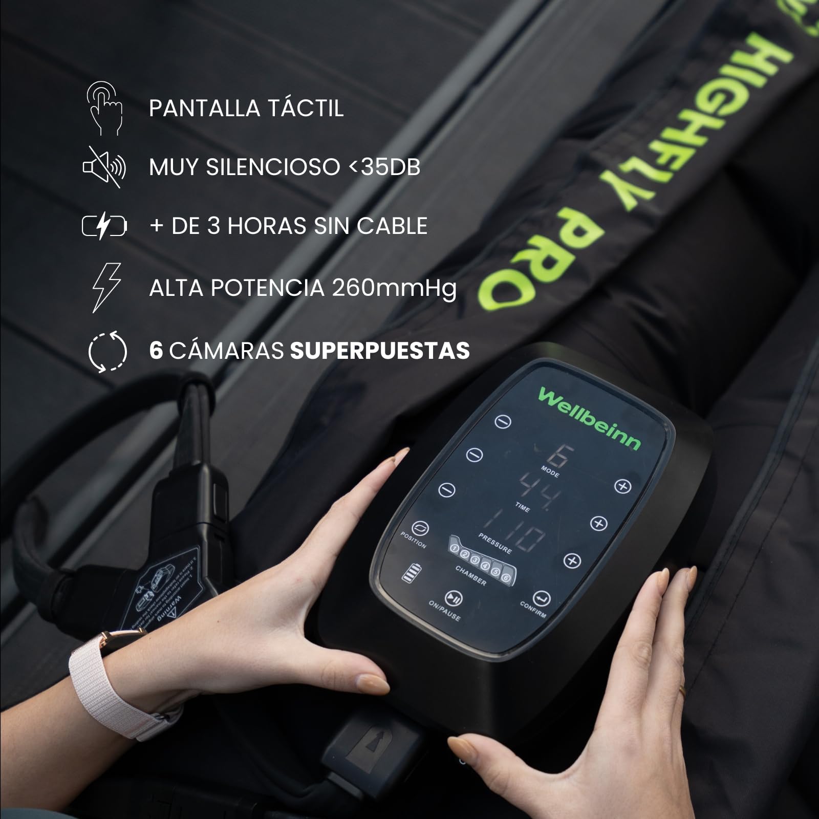 Wellbeinn HighFly Pro | Botas de presoterapia inalámbricas | Masajeador de piernas y pies por compresión de aire | 6 modos, intensidad ajustable | Sesiones 60 min | Autonomía 3 h y uso enchufado