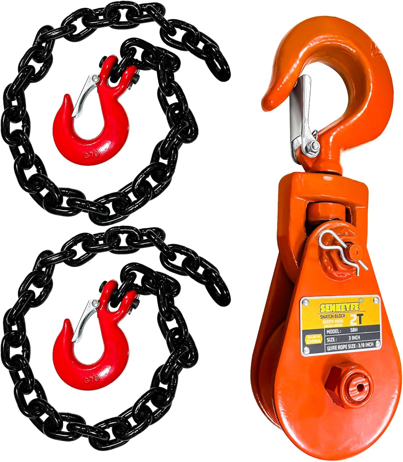2 Ton Snatch Block with Hook, 3" Sheave for 3/8" Inch Wire Rope, 4400lbs Snatch Block Pulley+5/16" Trailer Safety Chains G80 Trailer Chains with G70 Clevis Safety Hooks|35" Tow Chains 4900 lbs Safety