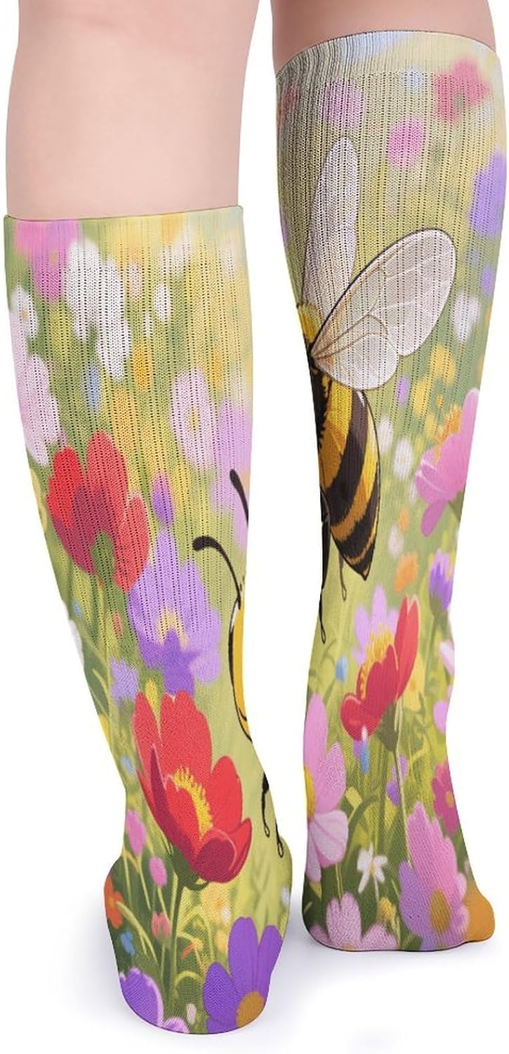 Flower Bees Crew Socks High Stocking Thermal Socks | Tube Socks-Breathable-Moisture-Soft-wicking for Hospital Pilates Yoga for women men Grippy for office and daily walking