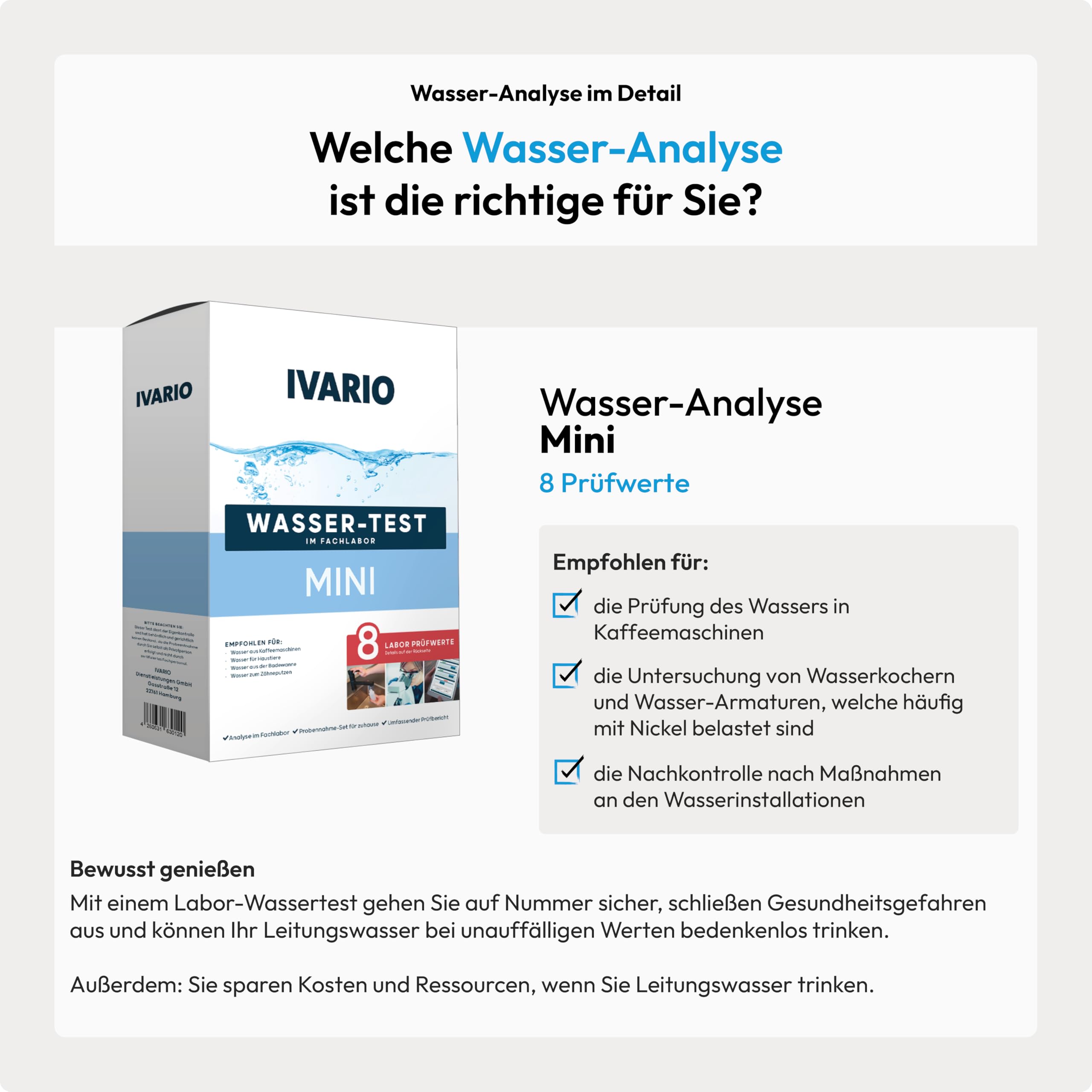 IVARIO Mini-Wassertest (8-in-1) für Trinkwasser, Experten-Analyse im akkreditierten Fachlabor mit 8 Prüfwerten im Test, wie Schwermetalle, Wasserhärte, pH-Wert uvm.