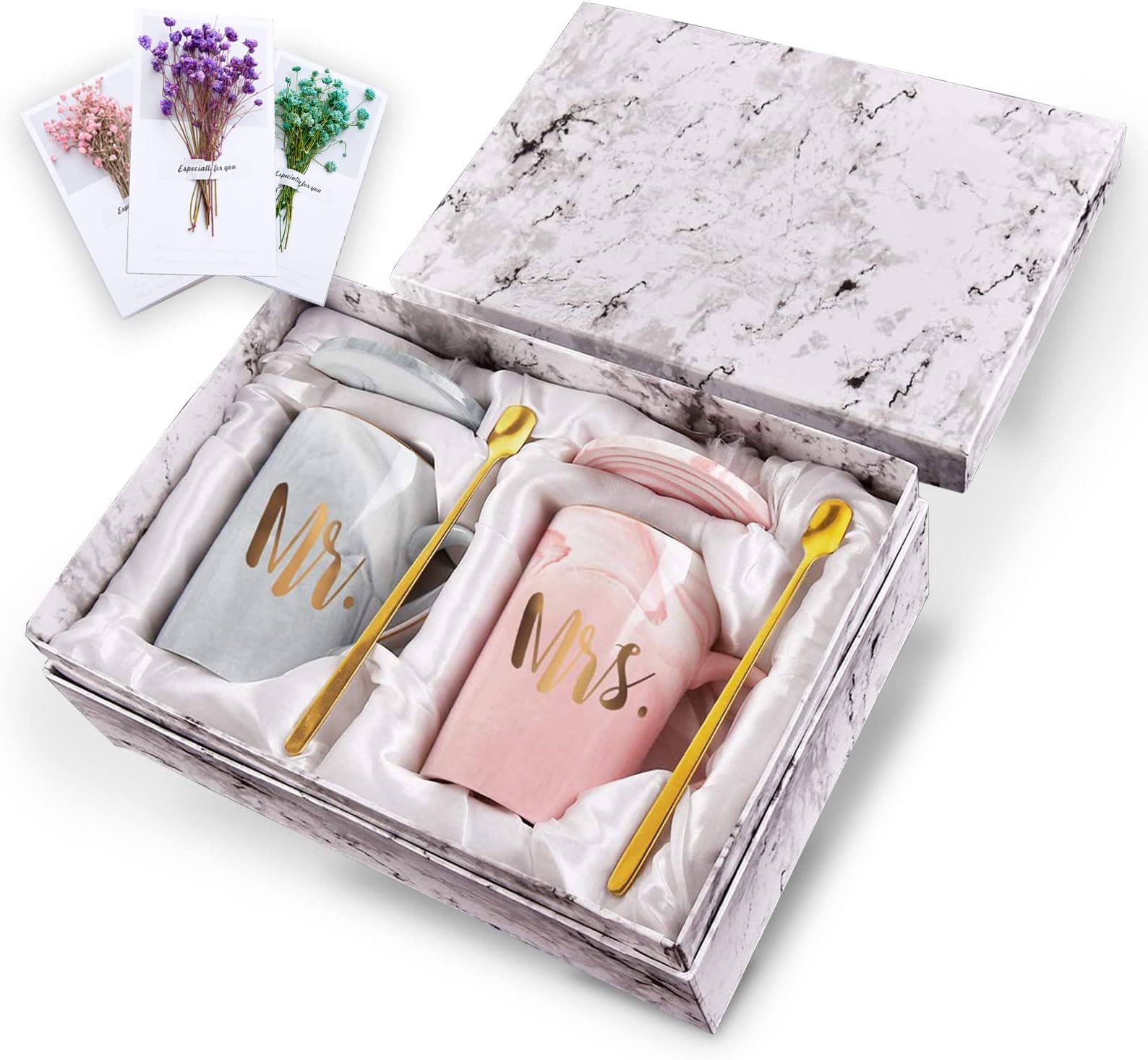 MR and MRS Coffee Mug Set with Dry Flower Greeting Card, Unique Gift Set for Couple, Parents Gift, Wedding Gift, Bridal Shower Gift, Ceramic Marble Mug Set (2PCS mugs, 14OZ)