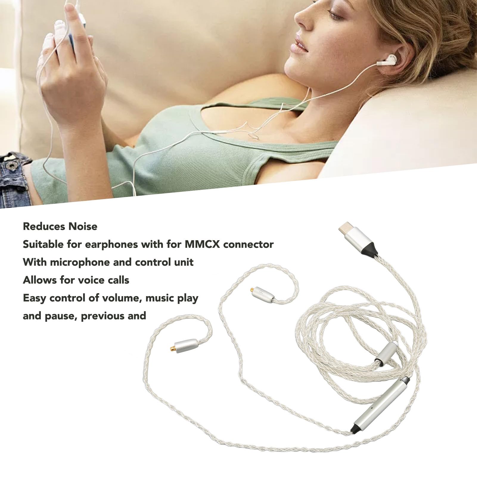 Annadue Typ C bis für MMCX Kabel, Ersatz Earphone Upgrade Kabel mit MIC für SE215 SE315 SE535 SE846 für UE900 White 3,9ft