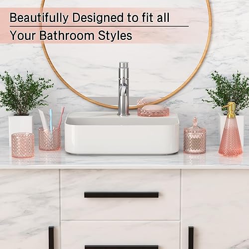 Miniatura 5 de Juego de 5 accesorios de baño rosa elegante, moderno de cristal de alta calidad, organizador de tocador, dispensador de loción, jabonera, vaso,