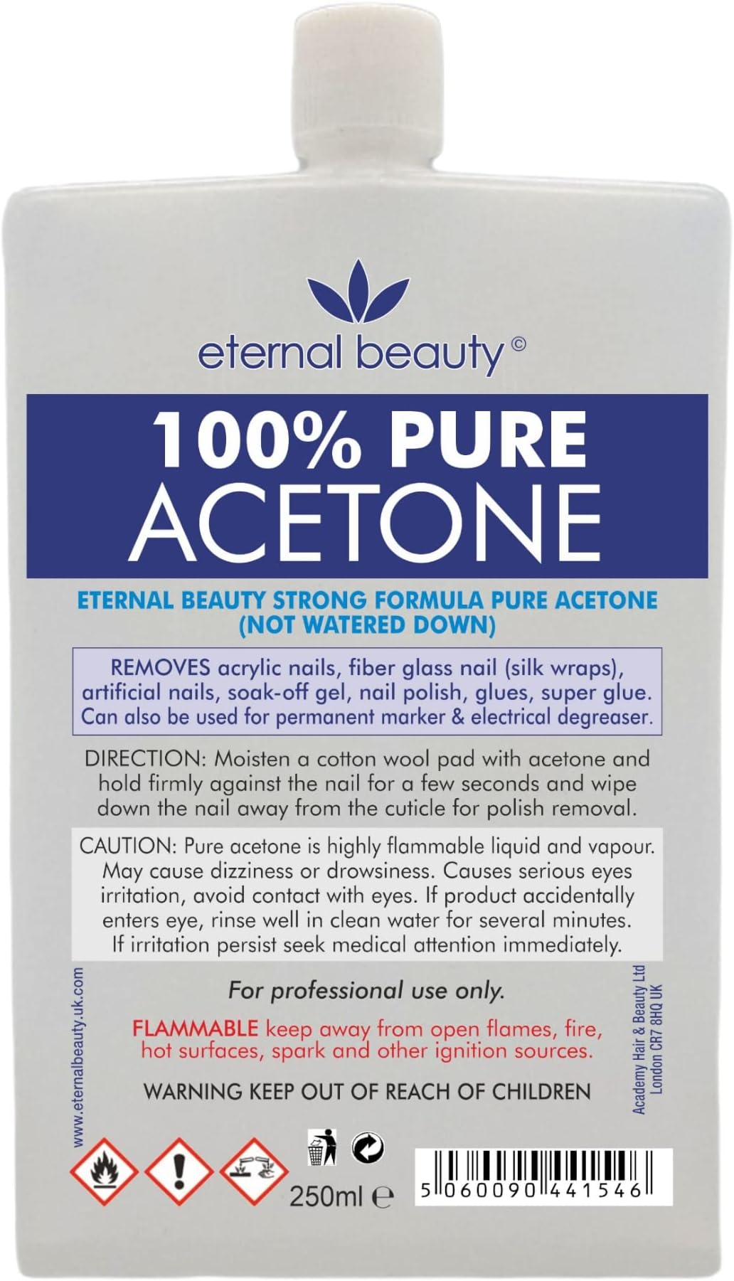 Acetone 100% Pure Nail Polish Remover for UV/LED, Gel Soak Off, Removes All Types of Nail Polish, By Eternal Beauty (250ml)