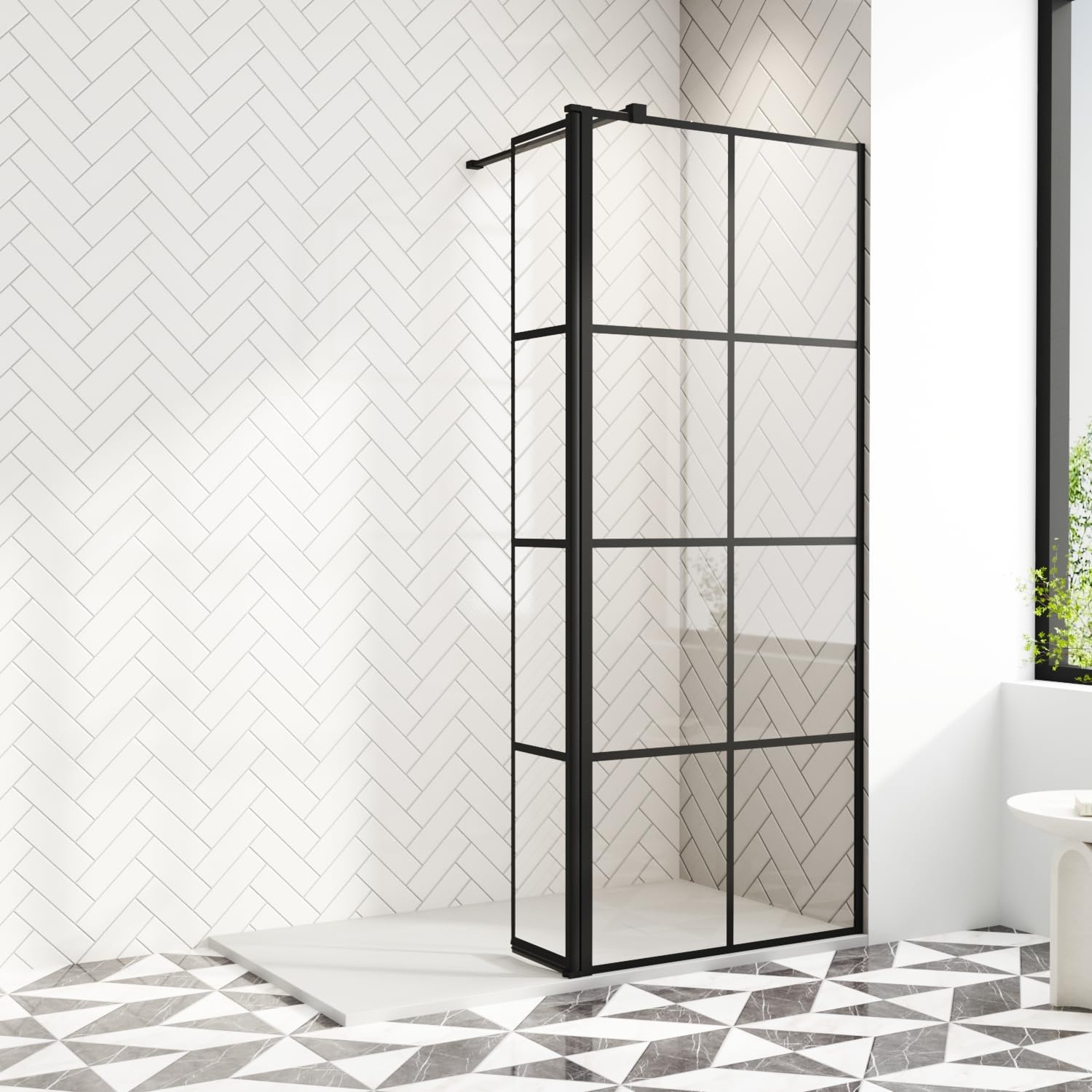 800mm Shower Screen with 300mm Flipper Panel, 8mm Easy Clean Toughened Saftey Glass with Support Bar, Black Grid Walk in Shower Screens