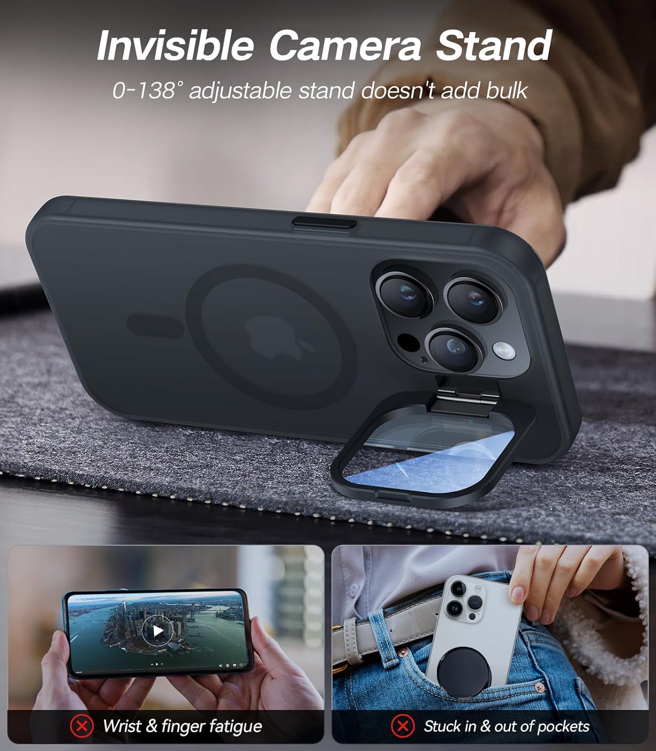 for iPhone 13 Pro Max Case with Camera Cover Stand [Built-in 9H Camera Lens Protector][Fit for Magsafe] Military Grade Shockproof Translucent Matte Magnetic Phone Case 6.7",Black - Image 3