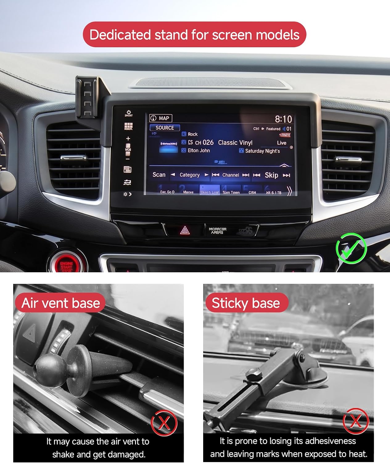 Car Phone Holder for 2016-2020 Honda Pilot/2019-2020 Passport/ 2017-2020 Ridgeline, 5/8 inch Screen Fixed Clip Mount, 360° Rotatable Auto Navigation Bracket, Vehicle-Specific Cell Phone Cradle