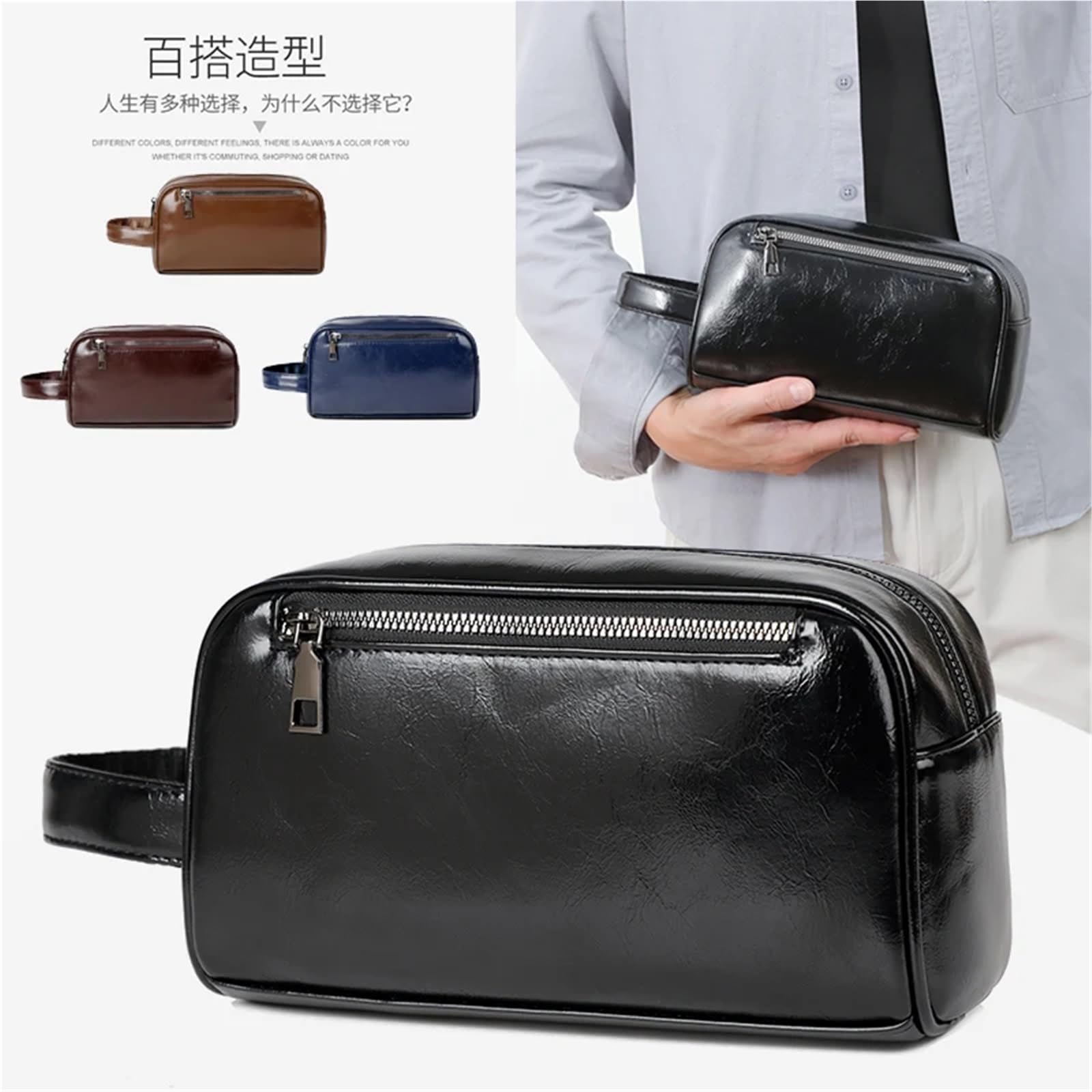 Pochette da uomo Borsa da uomo Borsa da polso in pelle cerata con cerniera lunga Portafoglio for telefono