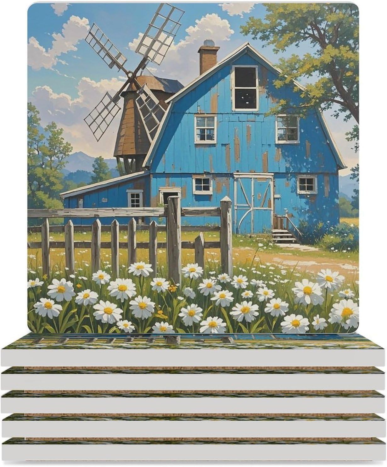 Rural Blue Valley Warehouse Coasters Absorbent Ceramic Coasters for Drinks Coaster with Cork Backing for Table Protection Square Drink Cup Mat Modern Style Coaster for Coffee Table