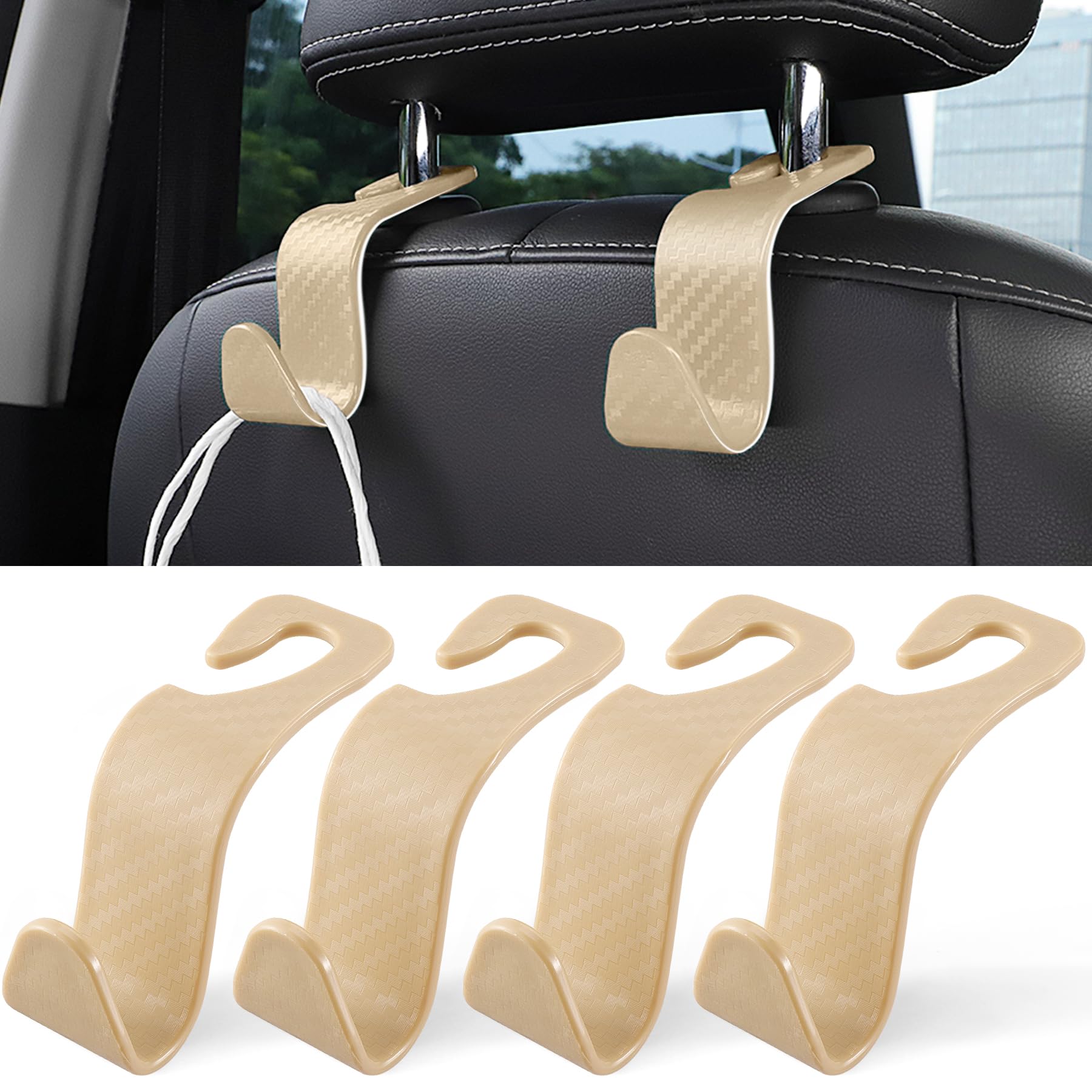 LivTee Car Purse Hook, Headrest Hook for Car, 4 Pack Universal Auto Car Seat Headrest Hook Hangers Organizer for Purse Coat Umbrellas Grocery Bags Handbag, Car Accessories - Carbon Fiber Beige