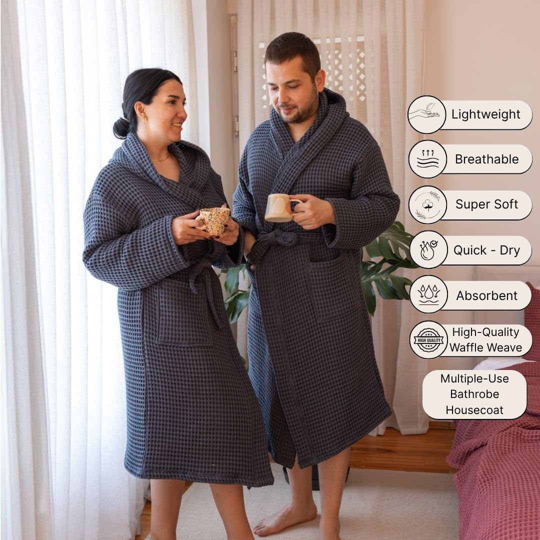 Unisex Hooded Waffle Robe for Women & Men 100% Turkish Cotton | Quick-Dry Bathrobe | Cozy Housecoat for Lounging - Image 7