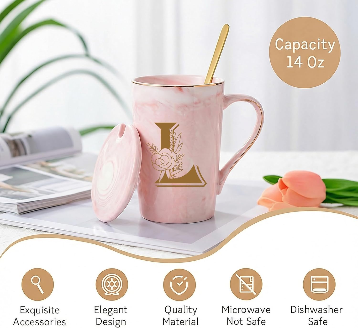 Letter L Personalized Initial Mugs, Letter L Personalized Coffee Mug, Novelty Birthday Mother's day Gifts for Mom Grandma Her Women, Bridal Shower Gifts, 14 OZ Pink with Lid Spoon Gift Box - Image 4