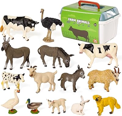 Variety4all Farm Realistic Animal Figures Playset Playmat & Storage Box, Non-Toxic Hand Painted Educational Toys (Farm 1, 14 Animals)