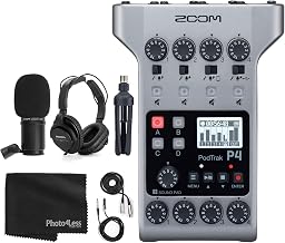 Zoom PodTrak P4 Portable Multitrack Podcast Recorder + Zoom M-1 Mic + Headphones + Windscreens + XLR Cable + Tabletop Stand + Cloth – 1 Person Podcasting Mic Pack Bundle