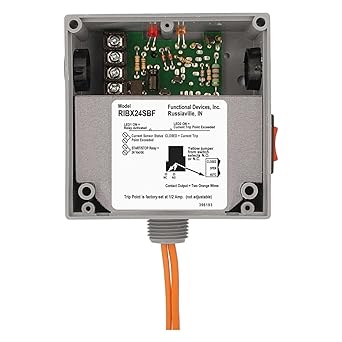 Functional Devices RIBX24SBF Current Switch and Relay Combination, 20 Amp SPST + Override, 24 Vac/dc Coil, Fixed, 0.50-20 Amp, NEMA 1 Housing